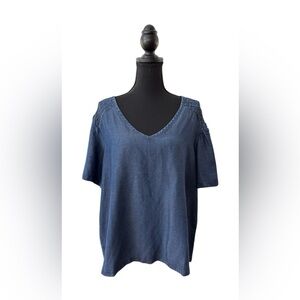 Elle Denim Blue V-Neck Blouse with Pleated Shoulder and Flared Tapered Sleeves
